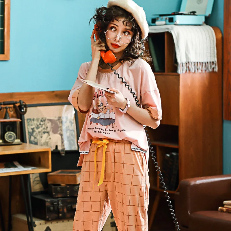

Summer Knitted Cotton Women's Pajama Set Elegant Womens Plaid Pijama Women Nightgowns Pants Pajama Sets Sleepwear Pyjamas Home