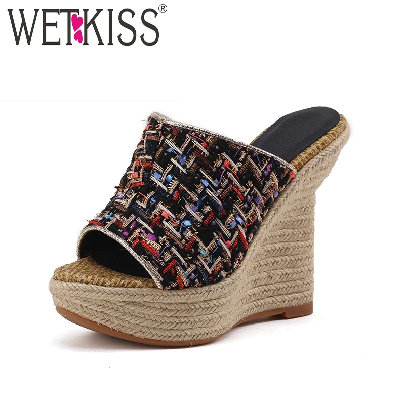 

WETKISS High Heels Slippers Women Summer Fashion Ladies Mules Shoes Peep Toe Straw Weave Platform Wedges Slides Shoes Female