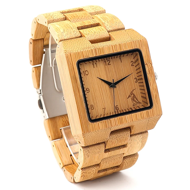 BOBO BIRD L-L22 Fashion Men Square Bamboo Wooden Watches with BOBO BIRD Pattern on the Dial Face Uomo Orologio in paper box