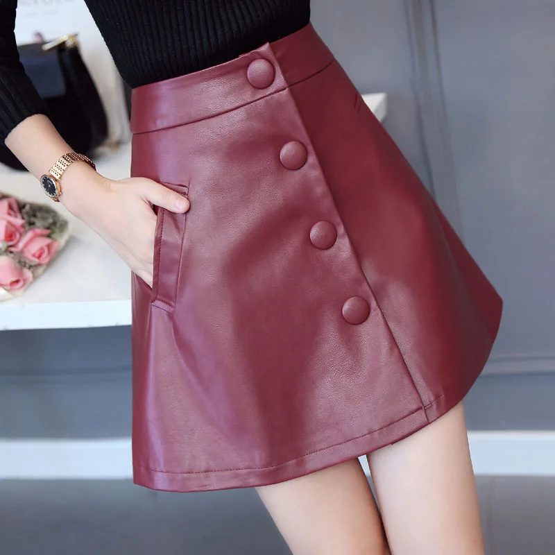 Wine red BOoDinerinle, женская кожаная юбка, на пуговицах, мини, сексуальная юбка с карманом, высокая талия, трапециевидная, плиссированная юбка,, Осень-зима, L054 - Цвет: Wine red