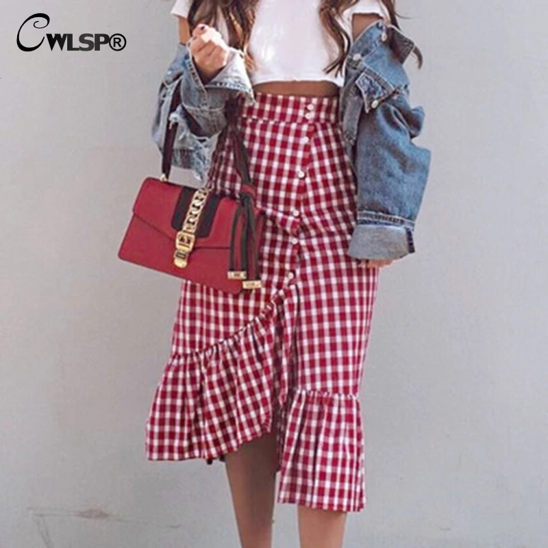 CWLSP New Red Plaid Ruffles Skirts 2018 Summer Sexy Asymmetrical Skirt Sweet Long Trumpet Skirt With Button Saia QZ2821