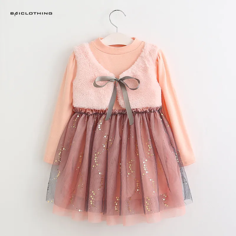

Girls Dress 2017 New Winter Plus Velet Waistcoat Dresses Princess Dress Pink Long Sleeve Bow Mesh Design Children Girls Clothes