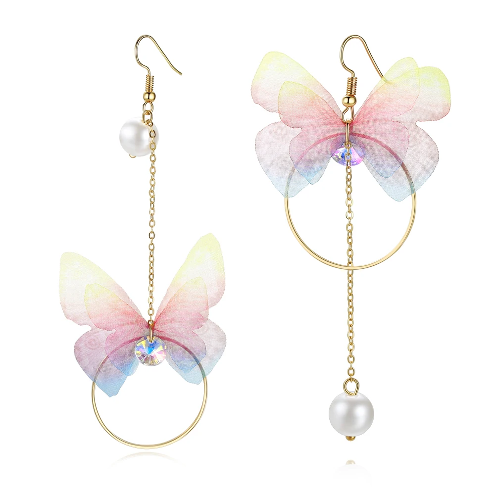 

Korean Retro Asymmetric Butterfly Imitation Pearl Earrings Fashion Round Flower Brincos Long Statement Wings Earrings Jewelry