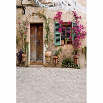 

Rustic Style Old House Wooden Door Photo Backgrounds for Studio Purple Flowers Kids Children Vintage Photography Backdrops Vinyl