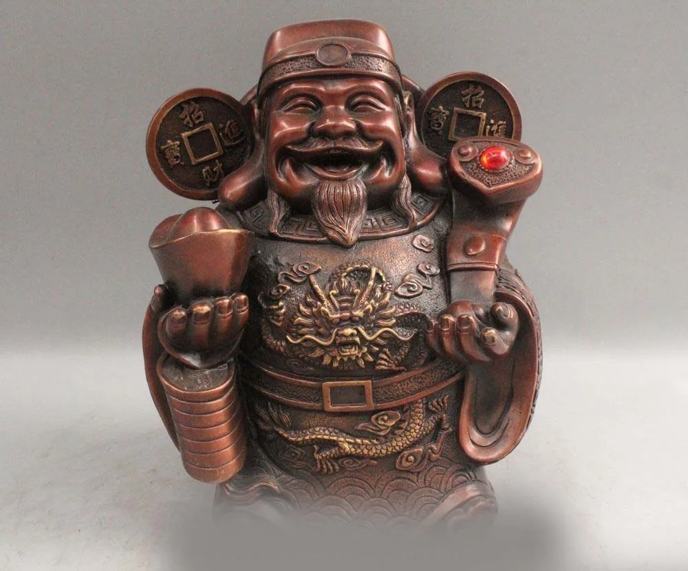 

10"Chinese Folk Bronze Seat Chiar Mammon Money Wealth God Ru Yi Statue Sculpture