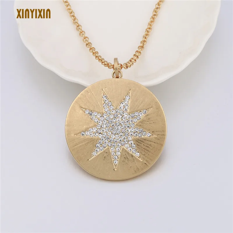 

Fashion Gold Sun Star Round Pendant Necklace for Women Simple Vintage Crystal Star Long Necklace Punk Accessory Mother Gift 2019