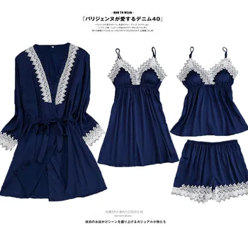 

Black Womens 4PC Strap Top Pants Suit Pajamas Sleepwear Sets Spring Home Wear Nightwear Sexy Kimono Robe Bath Gown Bathrobe M-XL