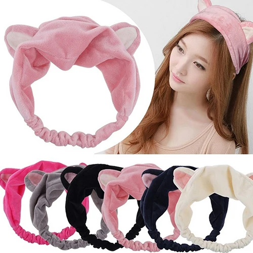 Women Korean Style Cute Cat Ears Elastic Face Wash Headdress Headband