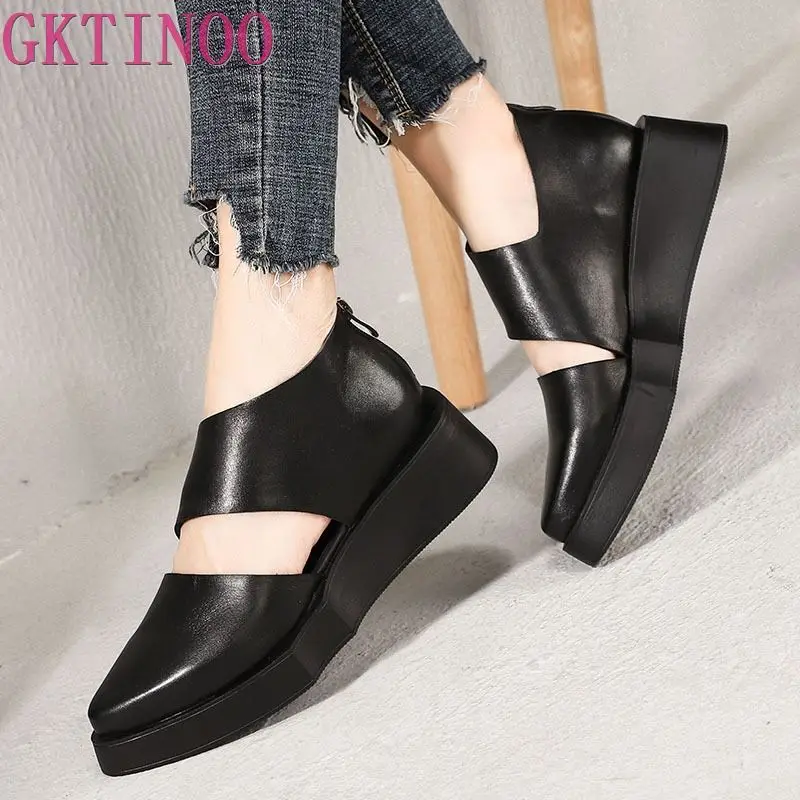 

GKTINOO New Simple Fashion Thick Sole Women Shoes Original Retro Wedges Heels Summer Handmade Pointed Toe Sandals Black