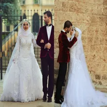 MuSlim/Kaftan Wedding Dress With Hijab 2016 Lace Wedding Gowns DuBai Bridal Dresses Long Sleeve vestido de noiva Free Shipping