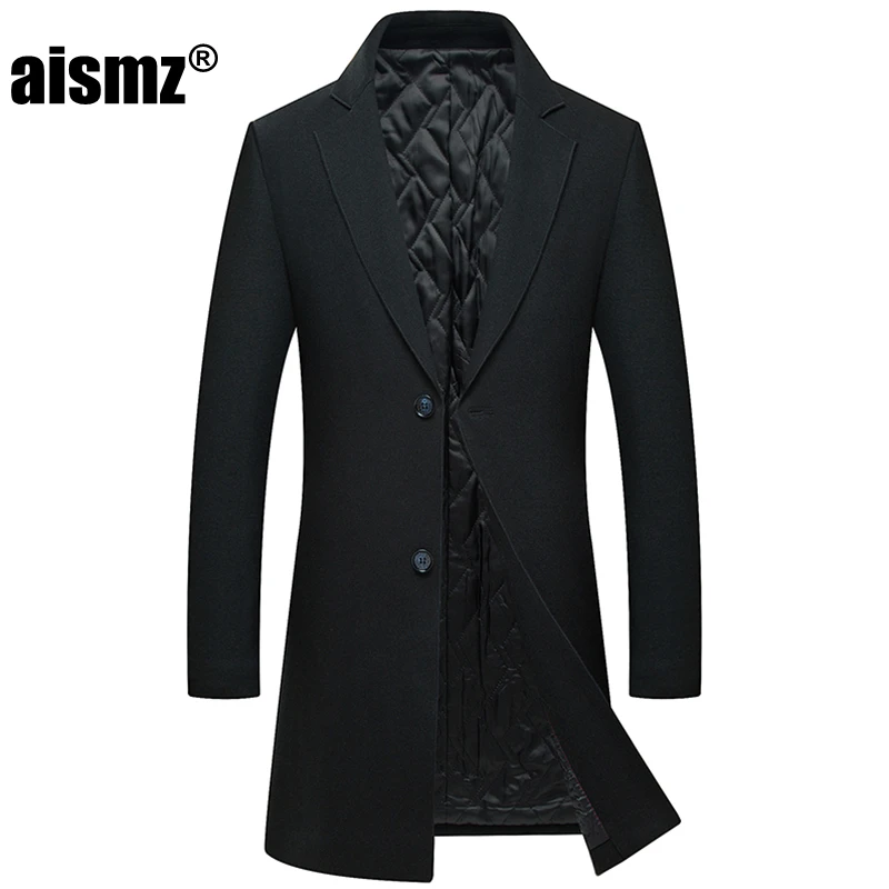 Aismz Winter Business Casual Men Single Breasted Long Wool Overcoat ...