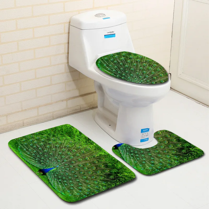 

3pcs Bathroom Mats Set Peacock Pattern Bath Mats Anti Slip Shower Mat Toilet Rugs Bathroom Products Washable Floor Carpets