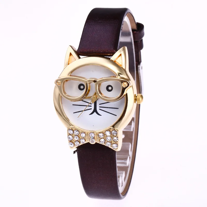 5 цветов мультфильм кошка красивые детские часы Мода Принцесса кожаный ремешок кварцевые часы Дети девушки студент повседневные часы Relogio - Цвет: brown