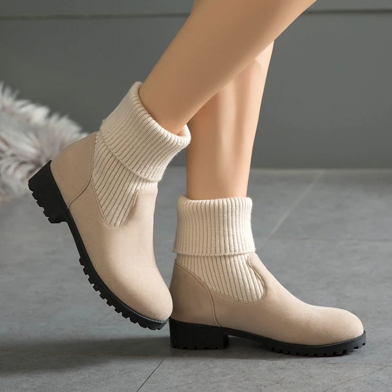 

KEBEIORITY Fashion Winter Boots Women Low Chunky Heel Short Sock Boots Female Beige Black Winter Martin Boots Winter Shoes Woman