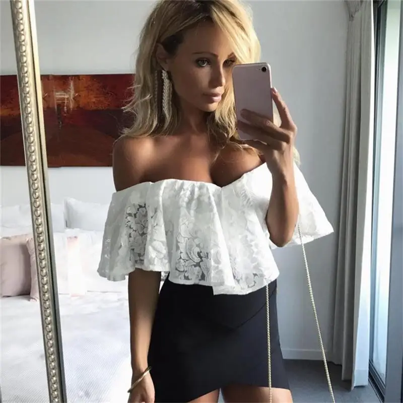  Summer Ruffles Lace Bodysuit Women Jumpsuits Off Shoulder Slash Neck Body Top Beach Overalls Sexy Beach Bodysuits