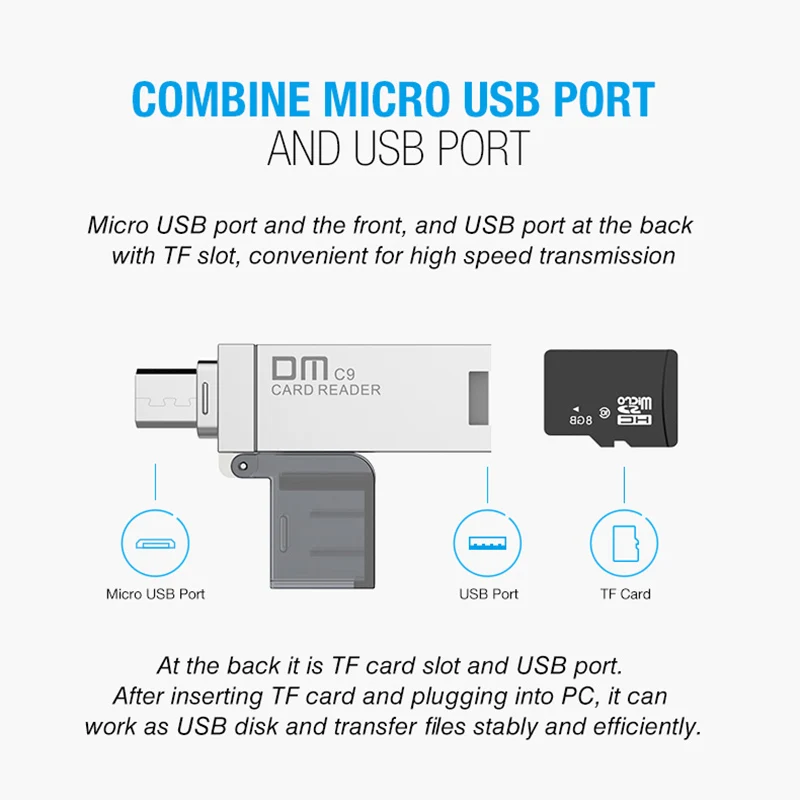 Считыватель карт памяти DM OTG CR009 Micro SD/TF многофункциональный считыватель для