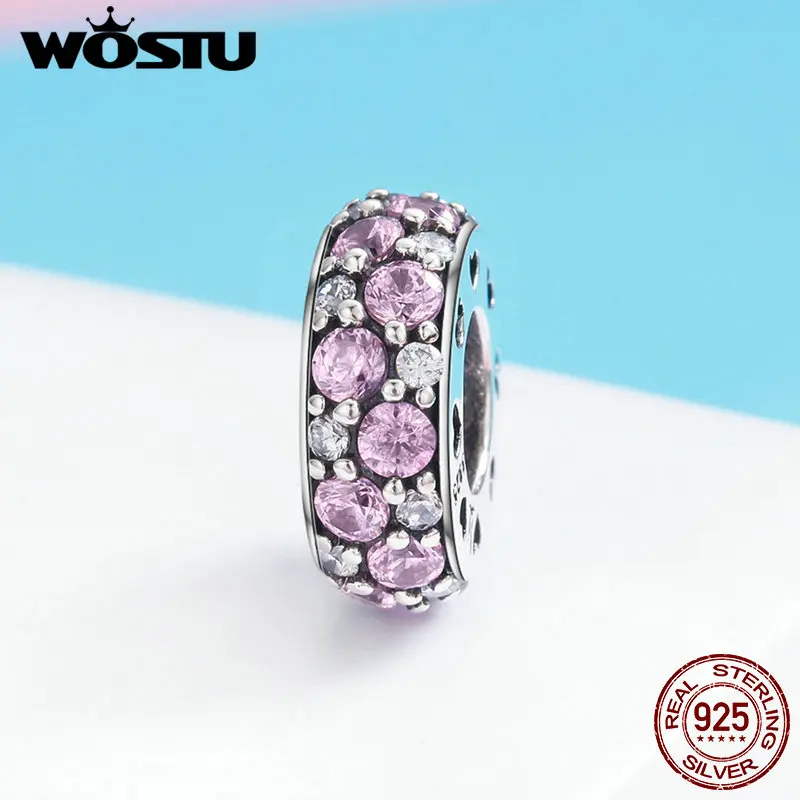 

WOSTU, горячая Распродажа, 100% 925 пробы, серебряный, сверкающий, розовый, CZ, разделитель, шарм, подходит для браслета из бисера, Серебро S925, сделай сам, ювелирное изделие, подарок, FIC635