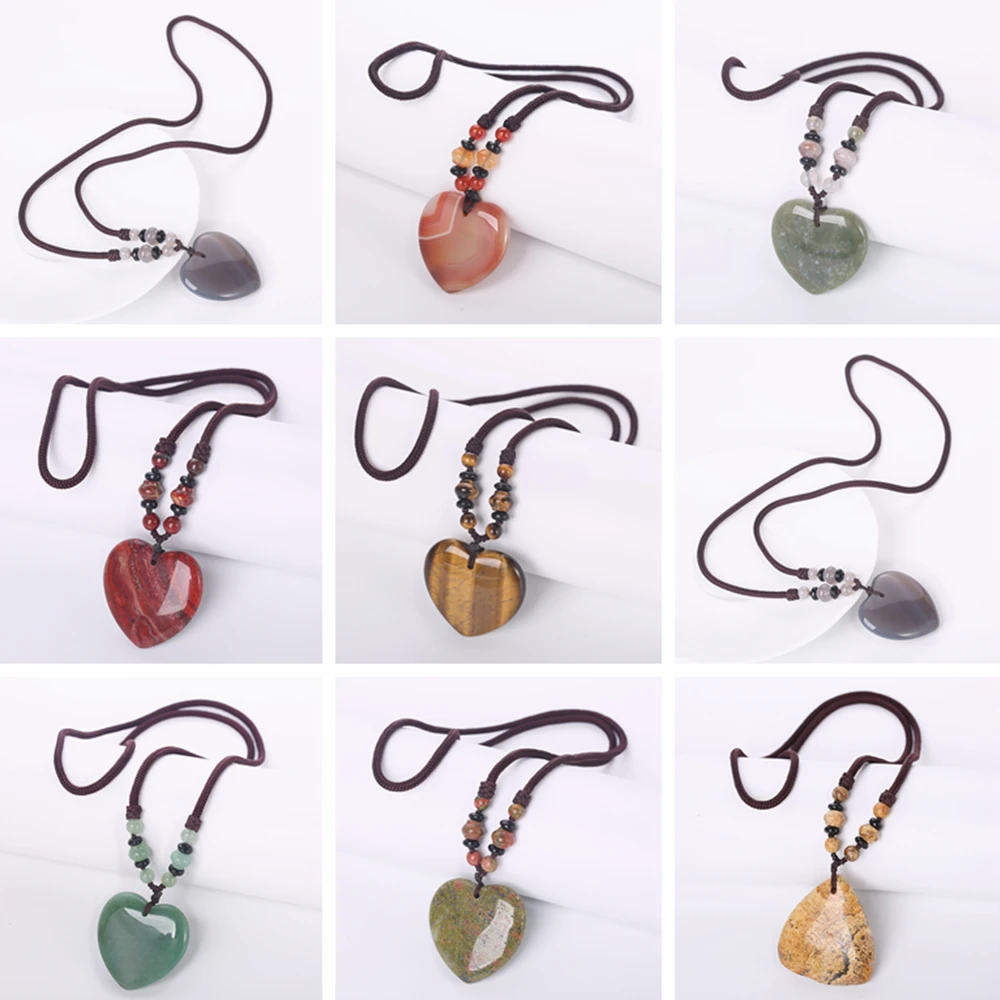 

3A Natural Agate Necklace Different Mixed Color Amber opal Healing Crystal Tiger Eye Charms Pendant Heart Good Quality Necklace
