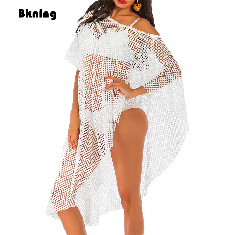 

White Tunic Beach Dress Cover-ups for Women Irregular Coverups 2019 Summer Swim Cover Up Fishnet Dresses Solid Bikini Swim Wear