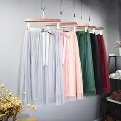 Модные однотонные Цвет летний гофрированный с сеткой юбка Новый стиль элегантный лук украсить Тюлевая юбка средней длины