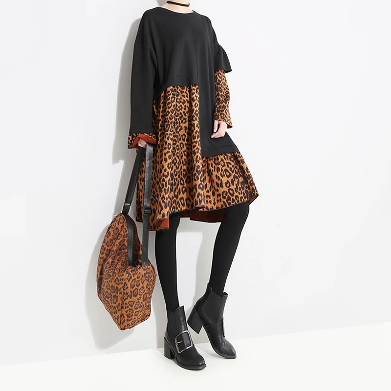 Hongsonghan 2018 new large-size leopard-print long-sleeved round-neck dress with irregular stitched in autumn winter tops tide Hongsonghan 2018 new large-size leopard-print long-sleeved round-neck dress with irregular stitched in autumn winter tops tide