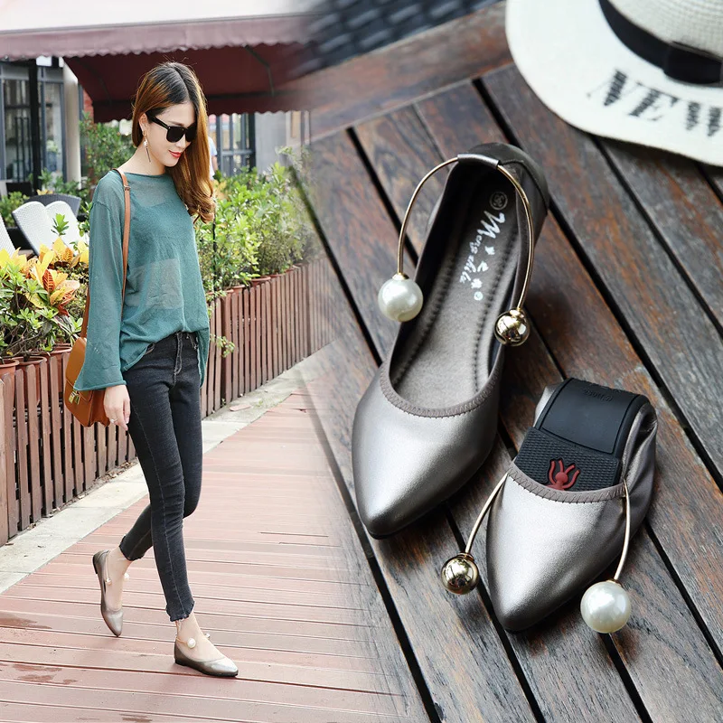

Women Flat Casual Shoes Woman Loafers Pearl Solid Black Pointed Toe Boat Shoes Ladies Large Size 33-43