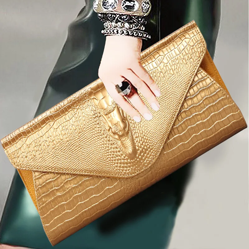 

2019 Women Party Clutch Wallet Shoulder Messenger Bag Alligator Patern Genuine Leather Crocodile Head New Design Purse