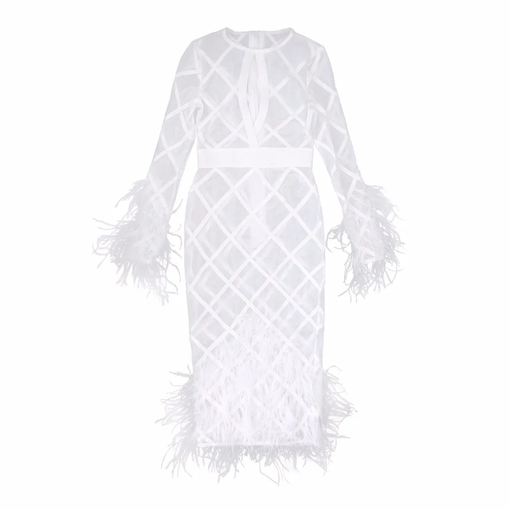 Maille Parti Manches Longues Sexy Plume Élastique 2017 Qualité Bandage Dames Tricoté Blanc Robe Haute SwqXOX
