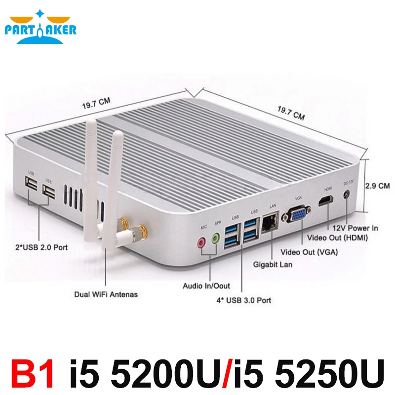 Бродуэлл Безвентиляторный Mini PC i5 5250U i5 5200U Intel HD Графика 6000/5500 4 К HDMI, VGA, USB Windows 10 мини компьютер ТВ коробка