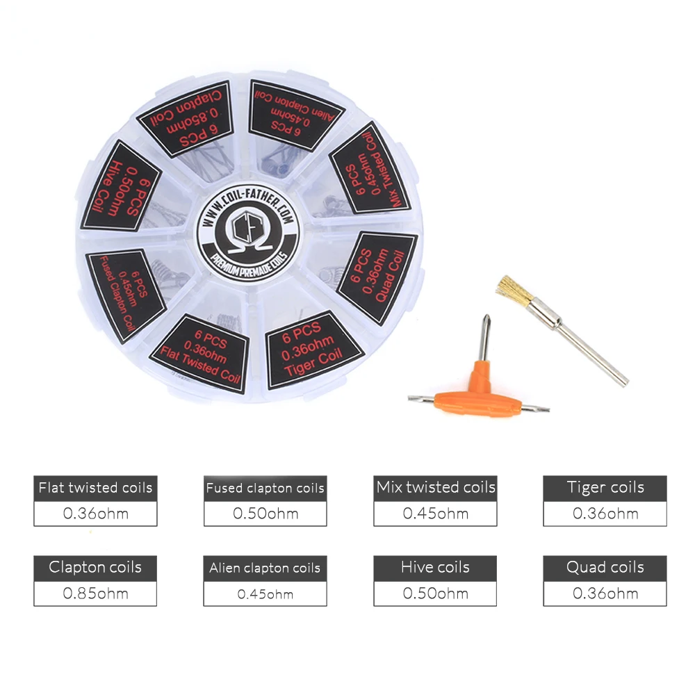 

Coil Father A1 8 in 1 Prebuilt Coil Box Hive Quad Tiger Fused Clapton Mix Twisted Alien Coil Brusher T Screwdriver Vape Tool
