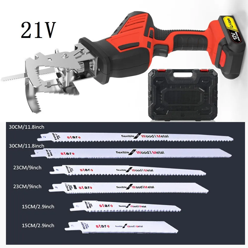 Ручная электрическая пила, возвратно-поступательная пила, инструменты для резки дерева, металла, многофункциональный DIY Беспроводной электроинструмент, светодиодный, с 6 лезвиями - Цвет: 21V with 6pcs Blades