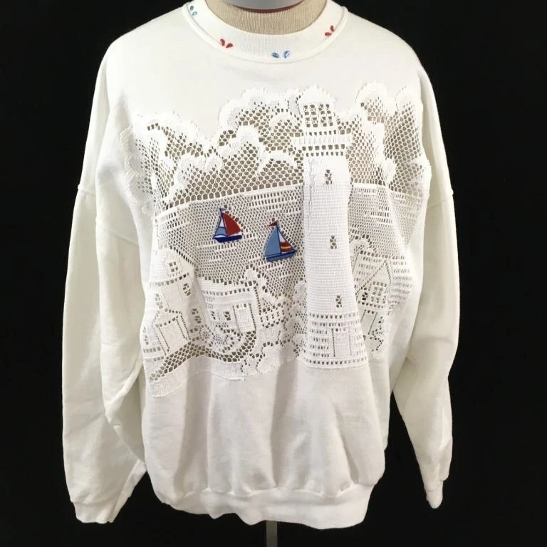 Hanes sweatshirt Size XL white lighthouse crocheted blue sailboat