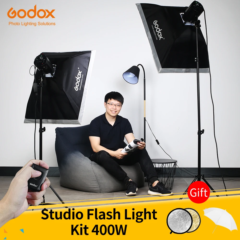 Godox 400Ws Strobe Studio Flash Light Kit 2pcs 200Ws Photographic Lighting - Strobes Light Stands Triggers Soft Box