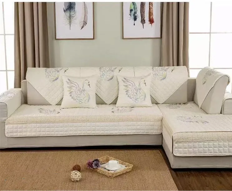Бежевый белый/желтый тотем/Лебедь вышивка стеганая хлопковая Пыленепроницаемая диванная подушка для гостиной декоративная Нескользящая подушка