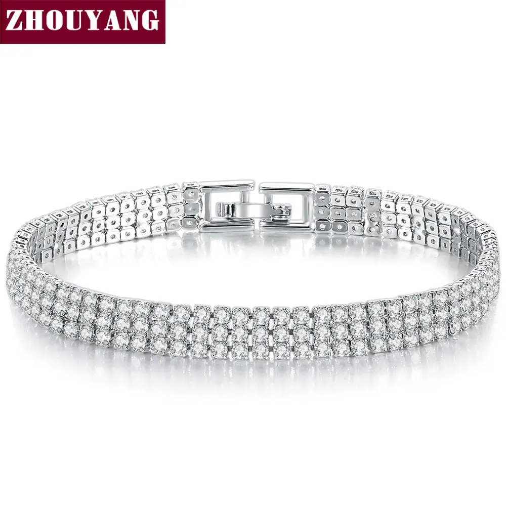 

ZHOUYANG Bracelet For Women Luxury Three Rows 4 Claws Mosaic Cubic Zirconia Yellow Gold Silver Color Fashion Jewelry H092 H093