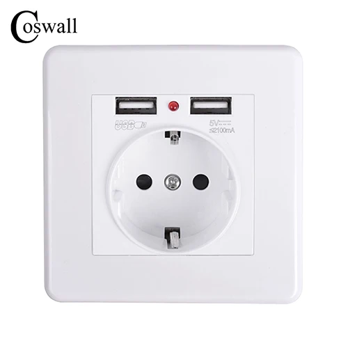 Coswall, двойной usb порт для зарядки, 5 В, 2,1 А, светодиодный индикатор, 16А, настенная розетка европейского стандарта, ПК Панель, белый, серый, черный, золотой, 4 цвета - Тип: White 2