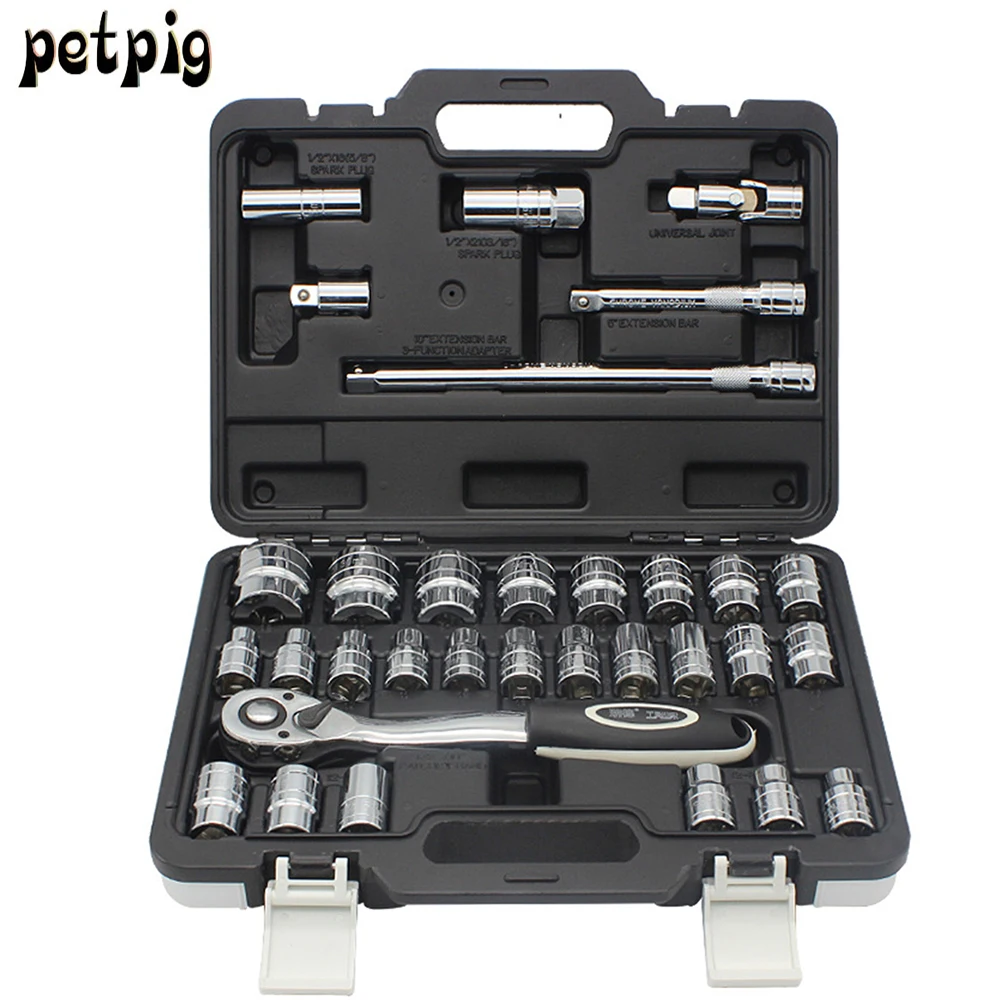 32pcs Car Repair Wrench Set A Complete Universal Wrench Set Tool Universal Wrench 1/2 Ratchet Wrench Sleeve Universal Joint