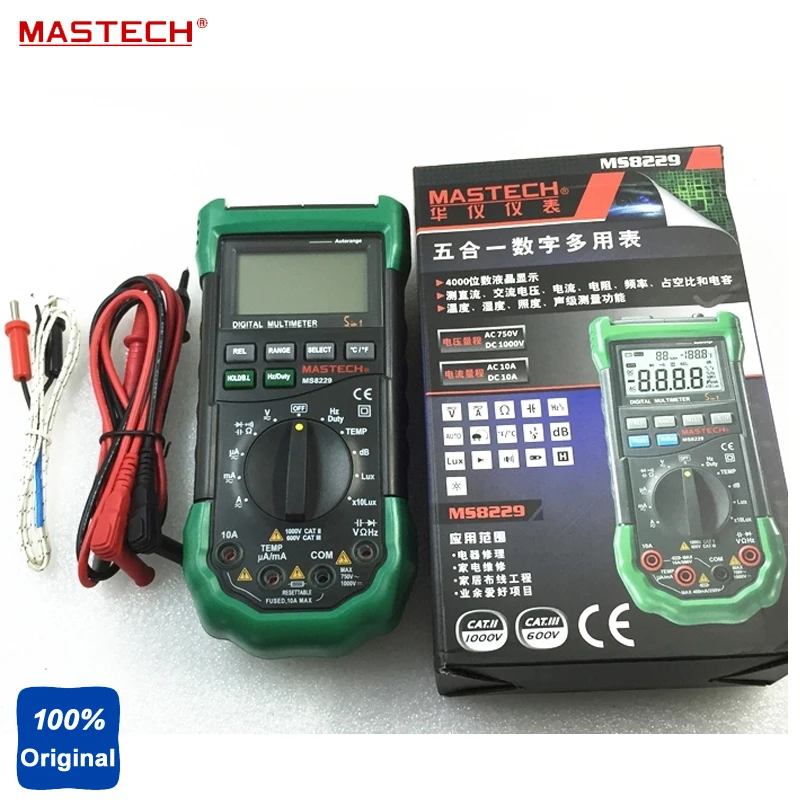 

New Mastech MS8229 5in1 Auto range Digital Multimeter Lux Sound Level Temperature Humidity Tester Meter 4000 Counts