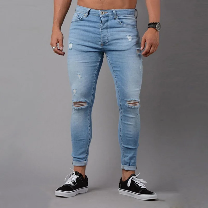 Oeak рваные джинсы для мужчин середины талии обтягивающие джинсы High Street мотобрюки мужские джинсовые брюки-карандаш, джинсы 2019 ковбойский