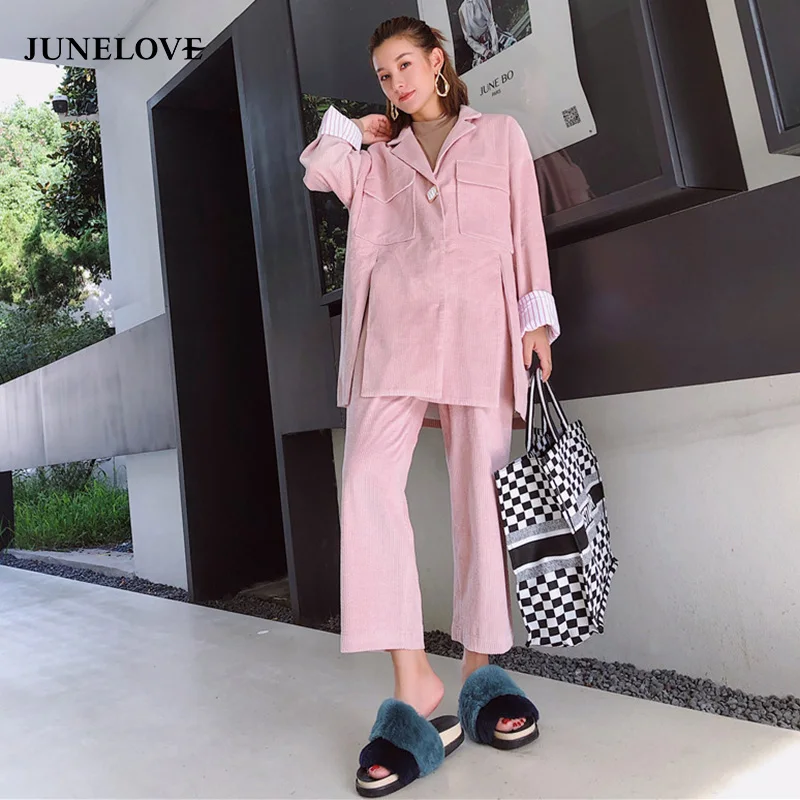 

JuneLove women high street single button corduroy blazer pants jacket office lady long sleeve casual coat elastic ladies suits