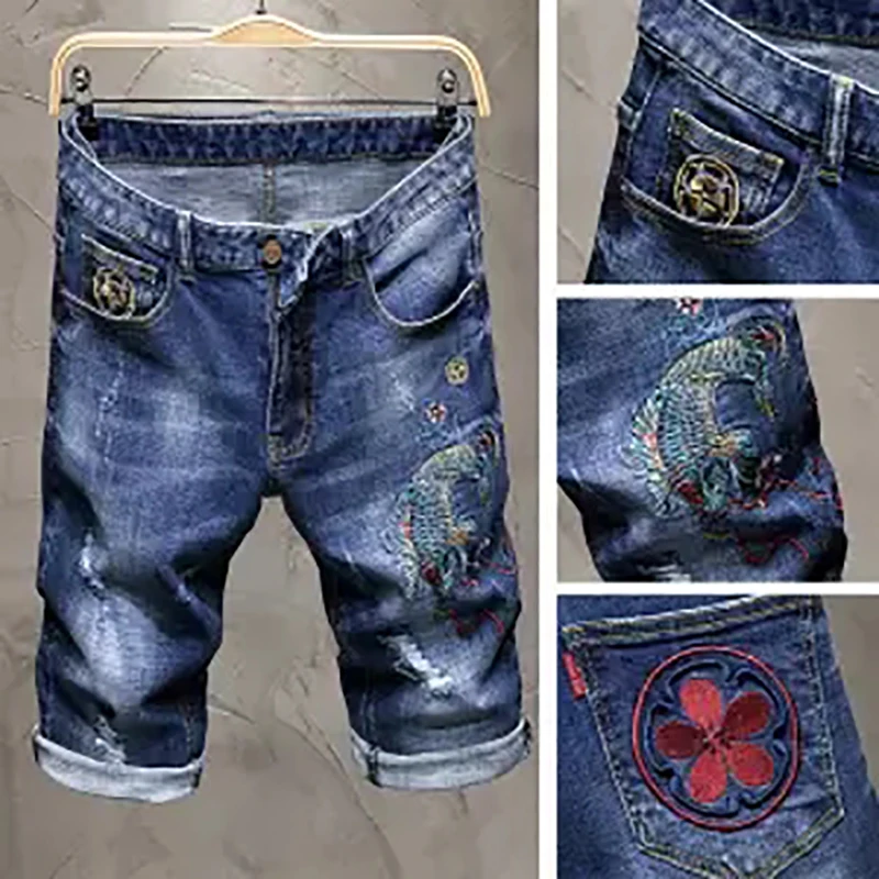Летняя футболка с вышивкой джинсовые шорты мужские стрейчевый облегающий Короткие джинсы Для мужчин s; дизайнерская хлопковая Футболка Повседневное потертые шорты по колено шорты