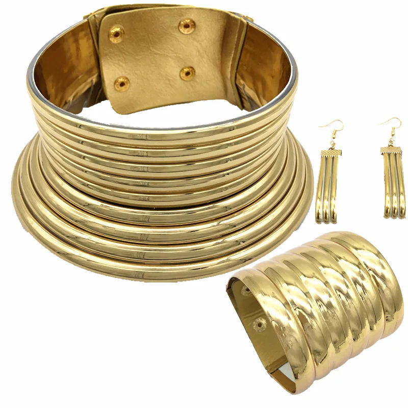 

BK Choker Necklace Earrings and Bracelet Women Gold Color Leather Collar Maxi Necklace Chokers Big Jewelry Set