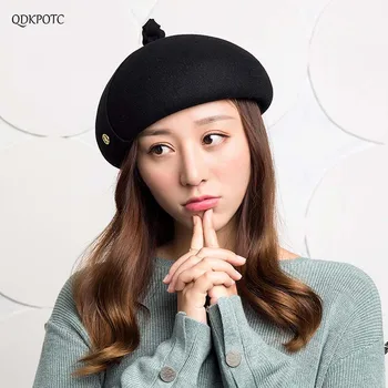 

QDKPOTC 2018 100% Wool Womens Berets Felt Sweet Cute Mushroom Shape Female Winter Warm Sweet Pumpkin Hat Painter Cap