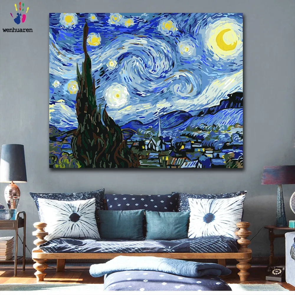 DIY картинки для раскраски по номерам с цветами Ван Гог Звездная ночь картина Рисование Живопись по номерам в рамке дома