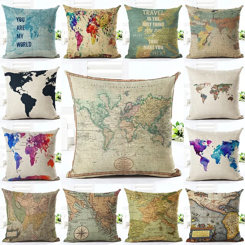 

Vintage Style World Map Print Linen Cotton Cushion Cover Square 45x45cm Home Decor Houseware Throw Pillow Case Almohadas Cojines