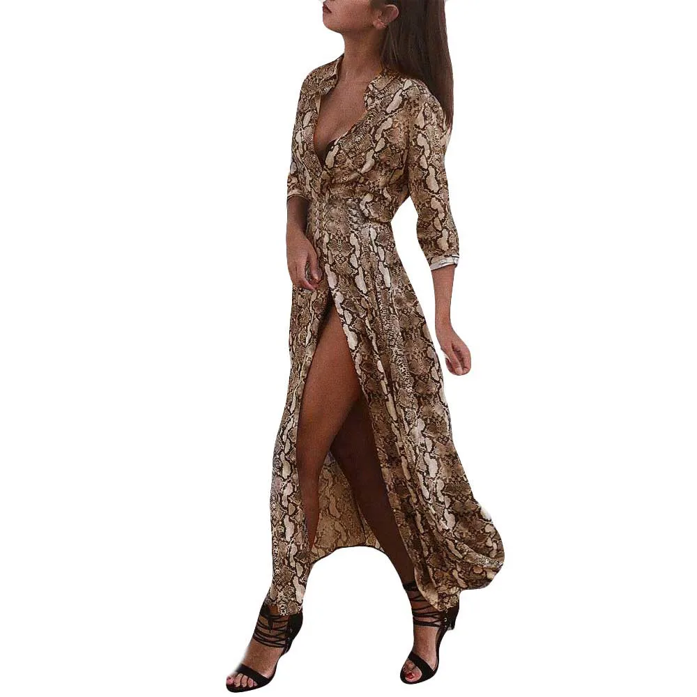 

Sexy snake print dress deep V-neck loose ladies dresses long-sleeved party new temperament dress 2019#D10
