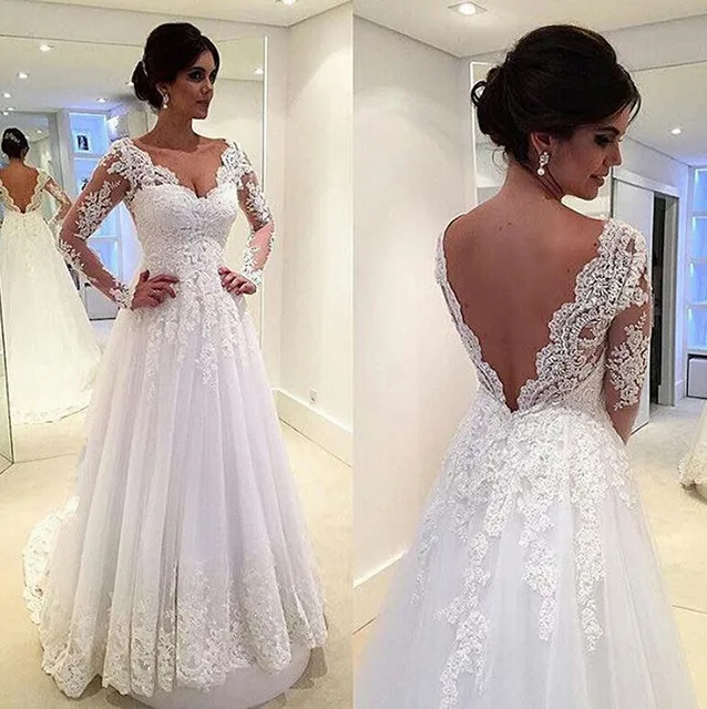 Hq Beautiful Lace Wedding Dresses V Neck A Line Liques Open Back Hq Beautiful Lace Wedding Dresses V Neck A Line Liques Open Back Long Sleeve