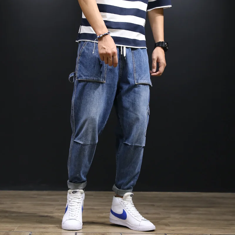 Fashion Streetwear Men Jeans Loose Fit Multi-Pockets Cargo Pants hombre Harem Trousers Small Leg Open Big Size Hip Hop Jeans Men