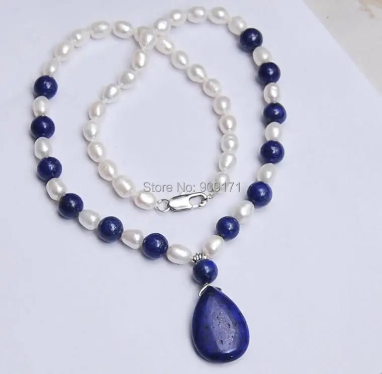 

Free Shipping>>Natural 7-8MM White Akoya Pearl / Lapis Lazuli Pendant Necklace 18" AA