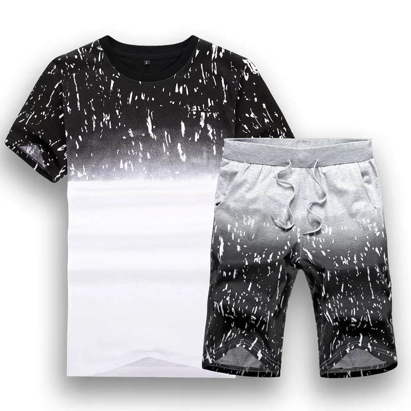 Летняя мужская спортивная одежда 5xl, спортивный костюм, мужской цветной градиентный спортивный костюм из 2 предметов, мужская верхняя футболка+ шорты, одежда для фитнеса, спортивные костюмы, комплекты - Цвет: Черный